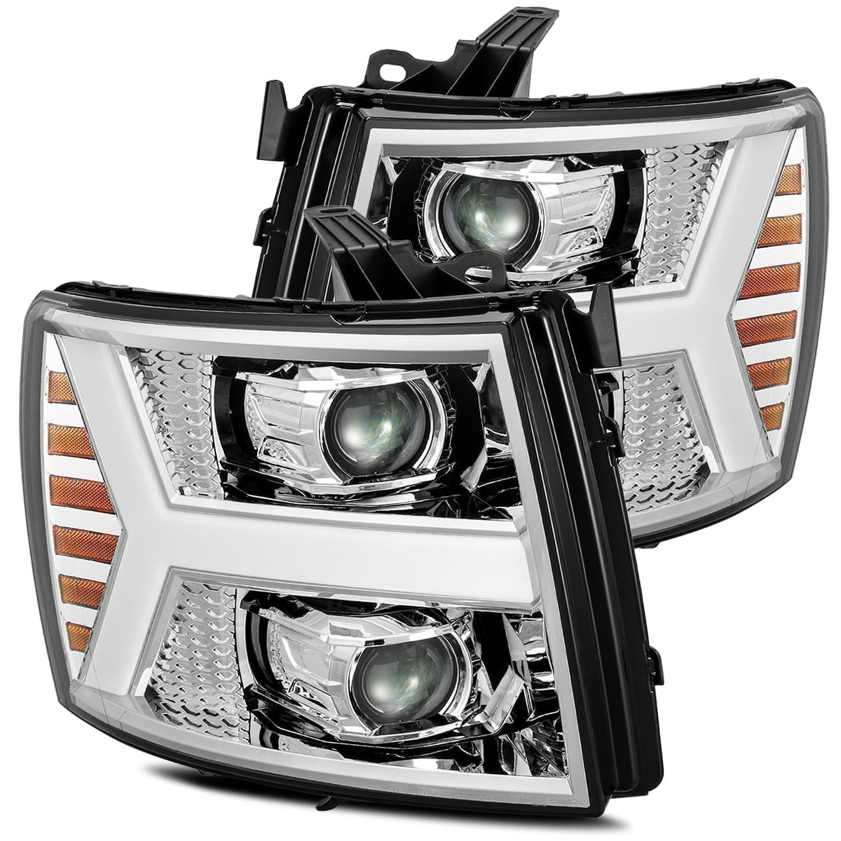 AlphaRex Projector Headlights Chevy Silverado (07-13) LED LUXX Series w/ Sequential Turn Signal - Chrome / Jet Black
