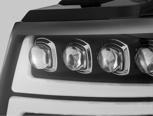 1130.00 AlphaRex Quad 3D LED Projector Headlights Chevy Avalanche [Nova Series - DRL Light Tube] (07-13) Jet Black / Black / Chrome - Redline360