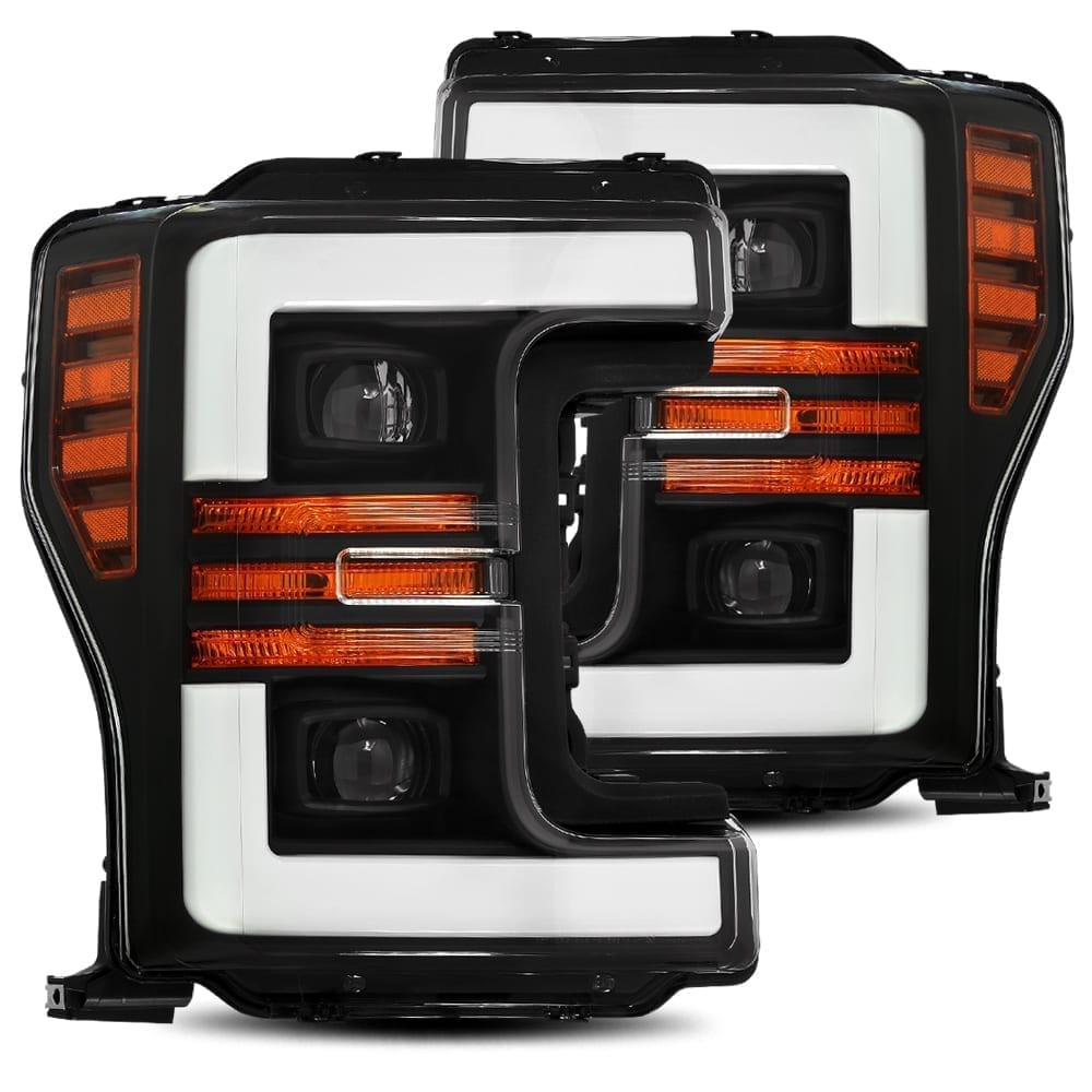 476.00 AlphaRex Projector Headlights Ford Super Duty Series [Pro Series - Switchback DRL & Sequential Signal] (17-19) Jet Black / Black / Chrome - Redline360