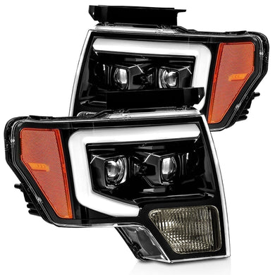 645.00 AlphaRex Dual LED Projector Headlights Ford F150 [LUXX Series - Sequential Signal] (09-14) Jet Black / Black / Chrome - Redline360