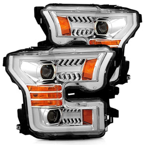 555.00 AlphaRex Projector Headlights Ford F150 [Pro Series - Switchback DRL & Sequential Signal] (15-17) Jet Black / Black / Chrome - Redline360