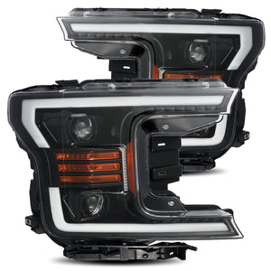 910.00 AlphaRex Dual LED Projector Headlights Ford F150 (2018-2020) LUXX Series w/ Sequential Turn Signal - Jet Black / Black - Redline360