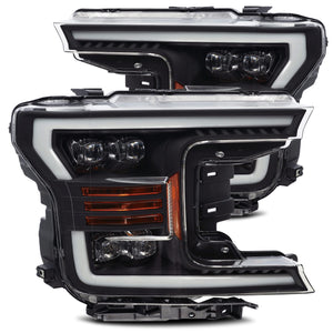 1477.99 AlphaRex Quad 3D LED Projector Headlights Ford F150 [Nova Series - Switchback DRL & Sequential Signal] (18-20) Alpha-Black / Black / Chrome - Redline360