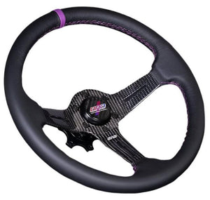 274.95 DND Carbon Fiber Leather Steering Wheel (60mm Deep, 350mm) 6 Bolt - Redline360