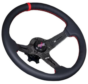 274.95 DND Carbon Fiber Leather Steering Wheel (60mm Deep, 350mm) 6 Bolt - Redline360