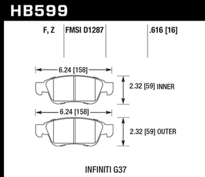 88.98 Hawk HPS Brake Pads Infiniti Q60 3.7L [Front] (2014-2015) HB599F.616 - Redline360