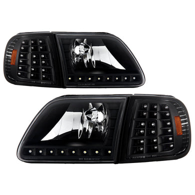 Xtune Crystal Headlights Ford Expedition (97-02) [w/ Clear LED DRL & Corners] Black / Chrome / Smoke
