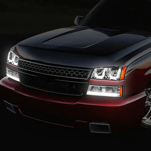 DNA Projector Headlights Chevy Avalanche (03-06) w/ Double J-Shaped LED DRL + Bumper Lamps - Black or Chrome