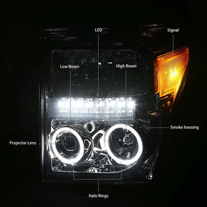 DNA Projector Headlights Ford F250 / F350 / F450 / F550 Super Duty (11-15) w/ LED DRL + Halo Ring - Black or Chrome
