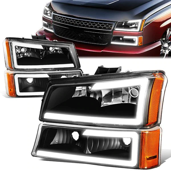 DNA Projector Headlights Chevy Avalanche (03-06) w/ DRL LED Bar - Black or Chrome