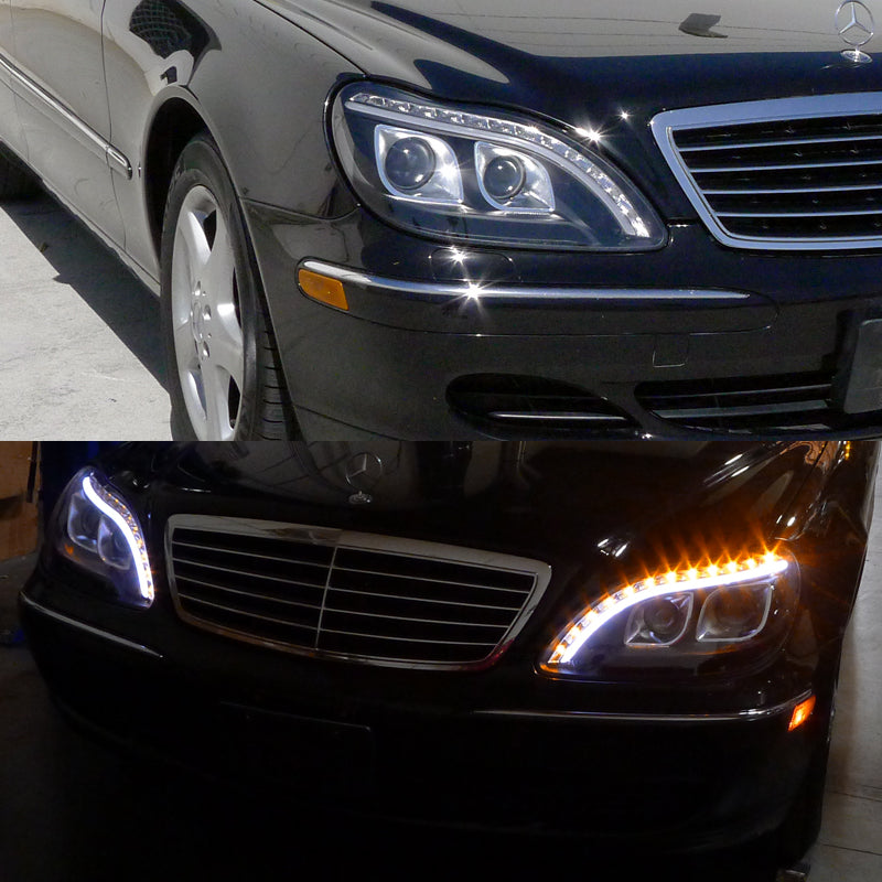 Projector Headlights For 2000-2006 Mercedes S430 S500 S600 W220 - Chrome Housing, Halogen, Clear Lens