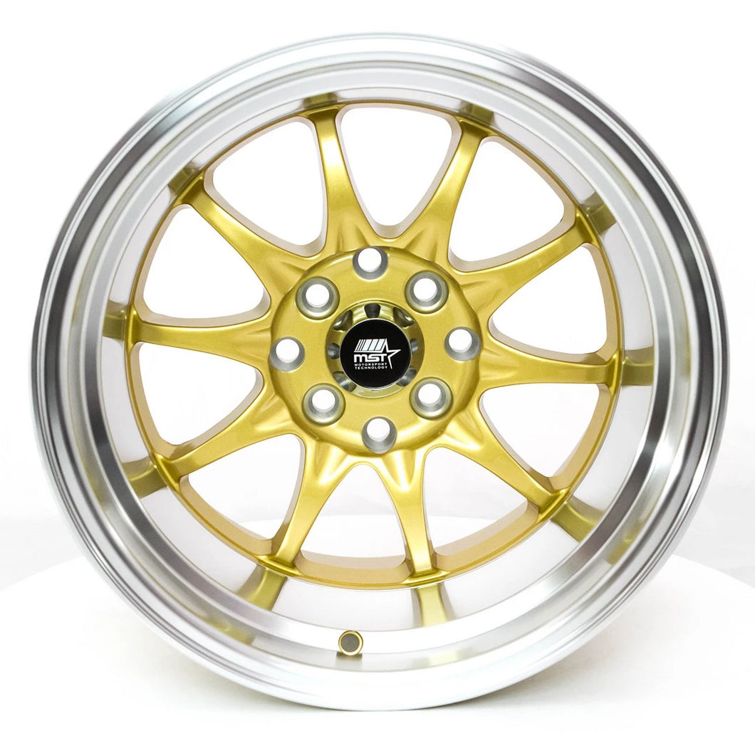 117.50 MST MT11 Wheels (15x9 4x100/4x114.3 +0 Offset) Gold w/ Machined Lip - Redline360