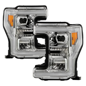 Xtune Full LED Headlights Ford F250 F350 Super Duty (17-19) [DRL Light Bar w/ Welcome Light Function - Halogen Model] Black or Chrome w/ Amber Corner Lights