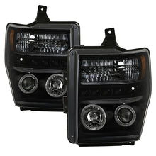 Load image into Gallery viewer, Spyder Projector Headlights Ford F250 F350 F450 Super Duty (08-10) High-Power LED Module Equipped / Halogen Style - Standard Style with LED Halo - Black Smoke Alternate Image