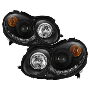 619.12 Spyder Projector Headlights Mercedes Benz CLK (2003-2009) Halogen Model with LED Halo - Black / Chrome - Redline360