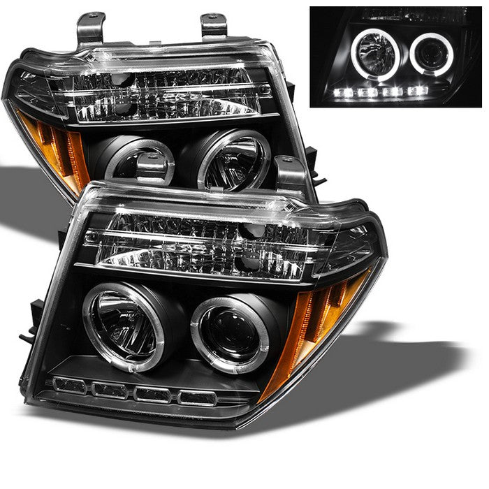 Halo Projector Headlights For 2005-2008 Nissan Frontier & Pathfinder - Polished Black Housing