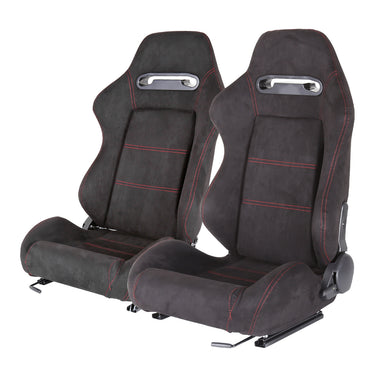 406.00 Spec-D Racing Seats (Black Suede, Cloth or PVC Leather / Red Stitching) Recaro Style - Pair - Redline360