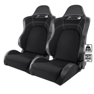 215.00 Spec-D Racing Seats [EVO Style - Black w/ Carbon Fiber Pattern) Pair w/ Sliders - Redline360