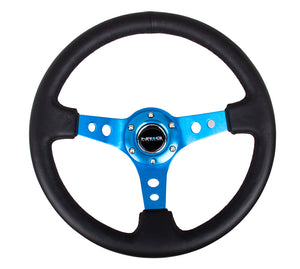 109.95 NRG Steering Wheels (Leather - Black Stitch - 350mm - 3" Deep Dish) Blue / Black Round Holes - Redline360