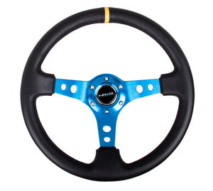 109.95 NRG Steering Wheels (Leather - Black Stitch - 350mm - 3" Deep Dish) Blue / Black Round Holes - Redline360