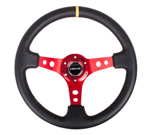 107.95 NRG Steering Wheels (Leather - Black Stitch - 350mm - 3" Deep Dish) Red Round Holes - Redline360