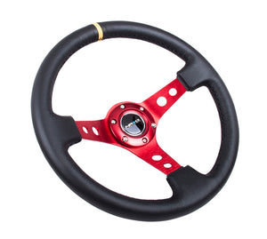 107.95 NRG Steering Wheels (Leather - Black Stitch - 350mm - 3" Deep Dish) Red Round Holes - Redline360