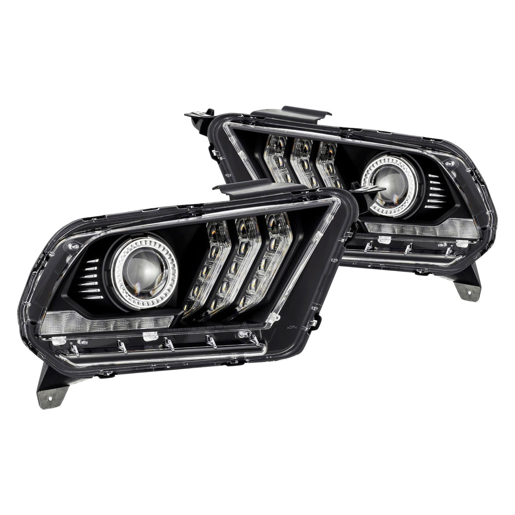695.00 AlphaRex Dual LED Projector Headlights Ford Mustang w/ Halogen Lights [LUXX Series - Switchback DRL & Sequential Signal] (10-12) Alpha-Black / Black / Chrome - Redline360