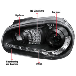 225.00 Spec-D Projector Headlights VW Golf MK4 / GTI (96-06) Cabrio (99-02) R32 (2004) Black w/ R8 Style LED Strip - Redline360