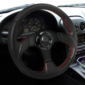 59.95 Spec-D Steering Wheel (320mm Momo Race Style) 1.5" Thick - Black w/ Red Stitch - Redline360