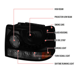 225.00 Spec-D Projector Headlights Silverado (99-02) Tahoe/Suburban (00-06) w/ LED Light Strip & Bumper Lights - Black Clear / Smoke - Redline360