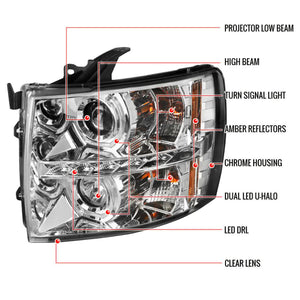 199.95 Spec-D Projector Headlights Chevy Silverado (07-13) Dual Halo w/ LED DRL - Black / Chrome / Smoked - Redline360