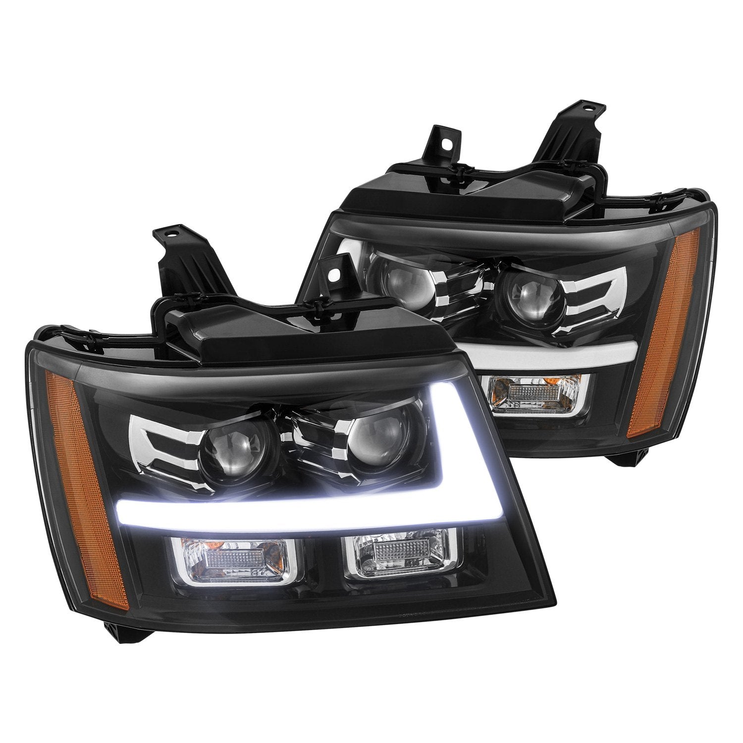 AlphaRex Projector Headlights Chevy Avalanche [Pro Series - DRL Light Tube]  (07-13) Jet Black / Black / Chrome