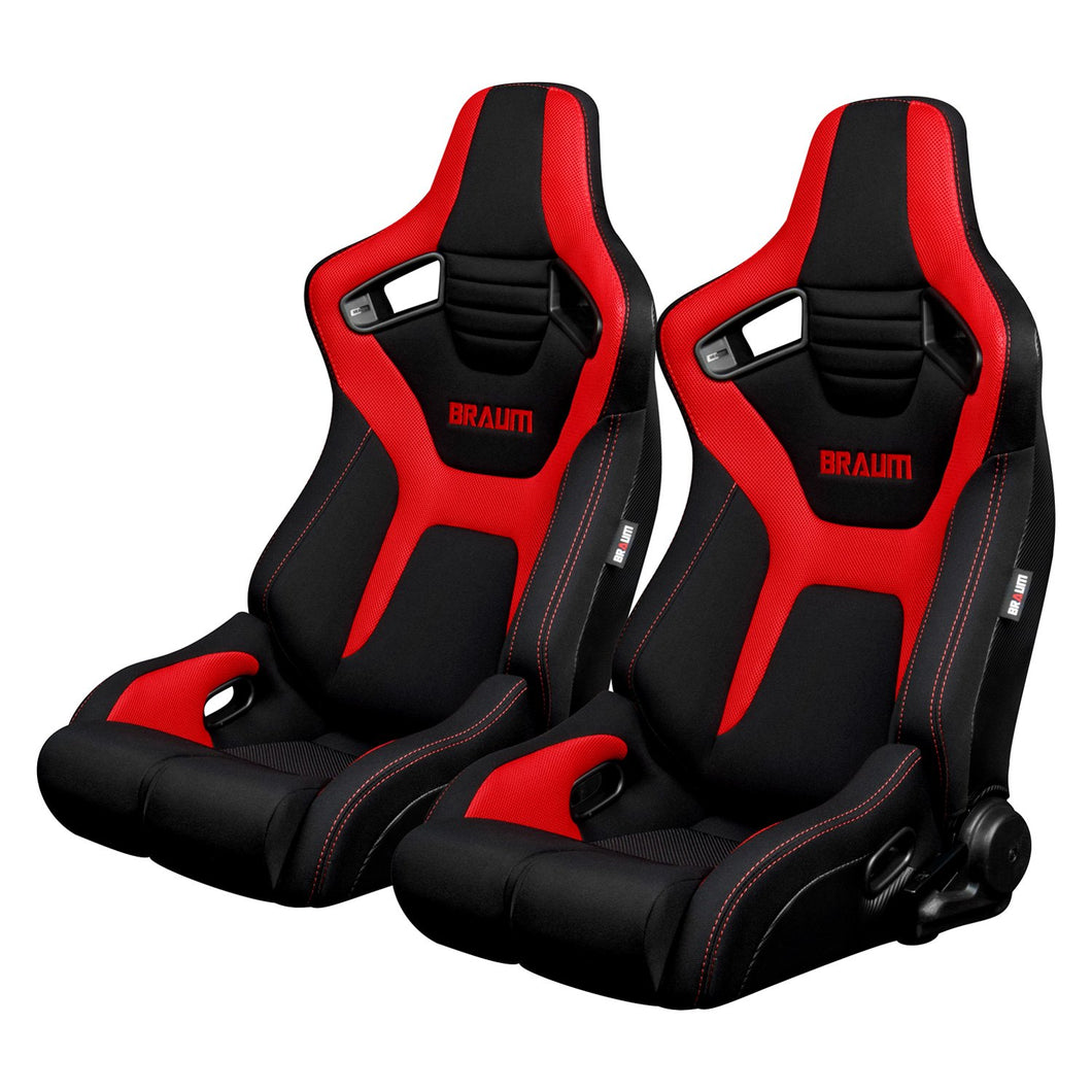 799.95 BRAUM Elite-R Racing Seats (Reclining - Black & Red Cloth) BRR1R-BFRD - Redline360