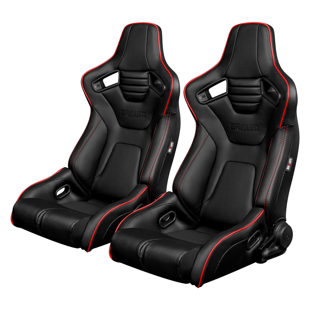 799.95 BRAUM Elite-R Racing Seats (Reclining - Black w/ Red Piping Leatherette) BRR1R-BKRP - Redline360