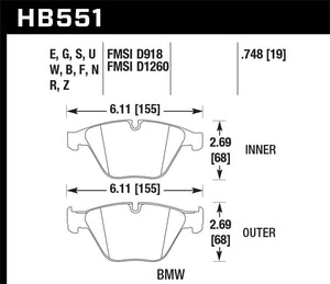 142.26 Hawk HPS Brake Pads BMW 5 Series (2004-2010) Front Pads - HB551F.748 - Redline360