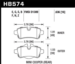 108.57 Hawk HPS Brake Pads Mini Cooper (2007-2015) Rear Pads - HB574F.636 - Redline360