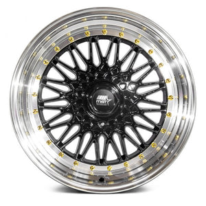 189.95 MST MT13 Wheels (15x8.0 4x100/4x108 +20 Offset) Black w/ Machined Lip Gold Rivets - Redline360