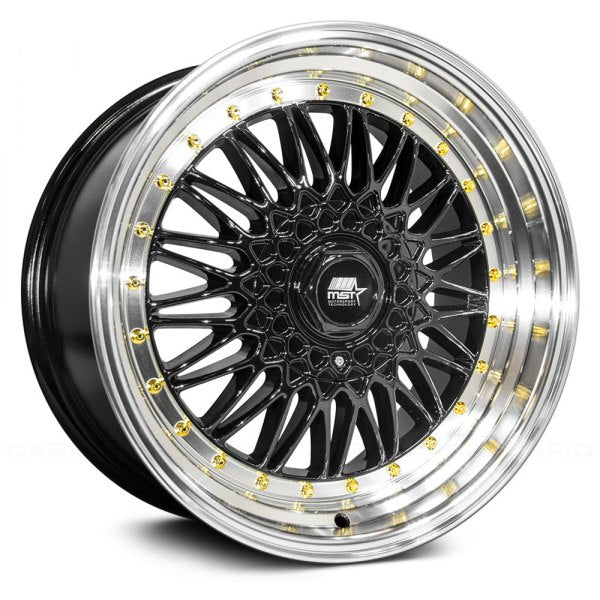 189.95 MST MT13 Wheels (15x8.0 4x100/4x108 +20 Offset) Black w/ Machined Lip Gold Rivets - Redline360