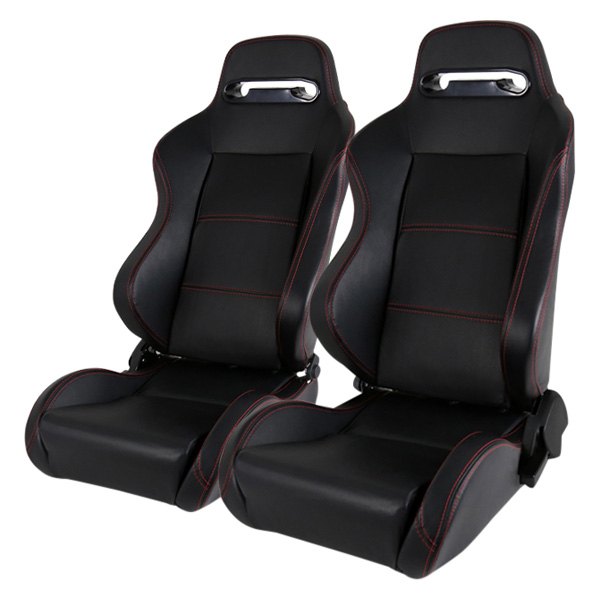 215.00 Spec-D Racing Seats [Recaro Style - Black PVC Suede/Red Stitch) Pair - Redline360