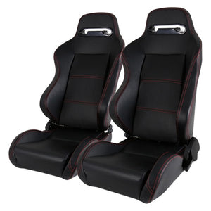 195.00 Spec-D Racing Seats [Recaro Style - Black PVC Leather/Red Stitch) Pair - Redline360