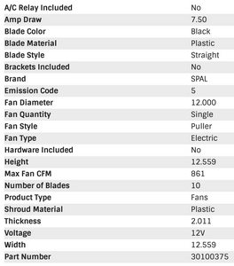 77.05 SPAL Electric Radiator Fan (12" - Puller Style - Low Profile - 861 CFM) 30100375 - Redline360