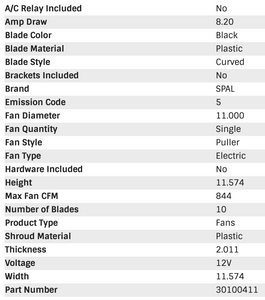 84.52 SPAL Electric Radiator Fan (11" - Puller Style - Low Profile - 844 CFM) 30100411 - Redline360