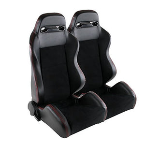 209.95 Spec-D Racing Seats [Recaro Style - Black Suede/Red Stitch) Pair - Redline360